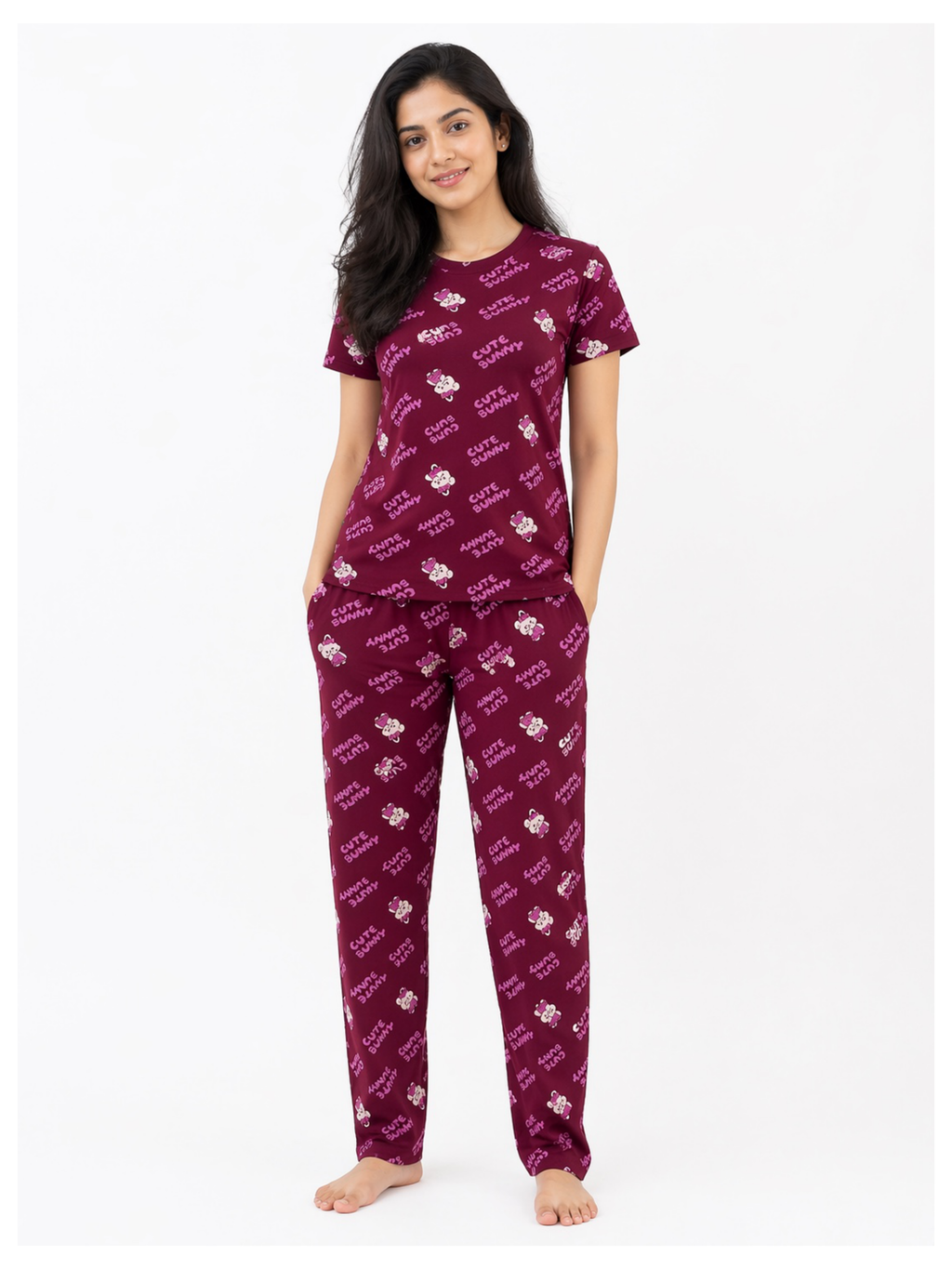 Cherry Red Cute Bunny Women Pyjama Set